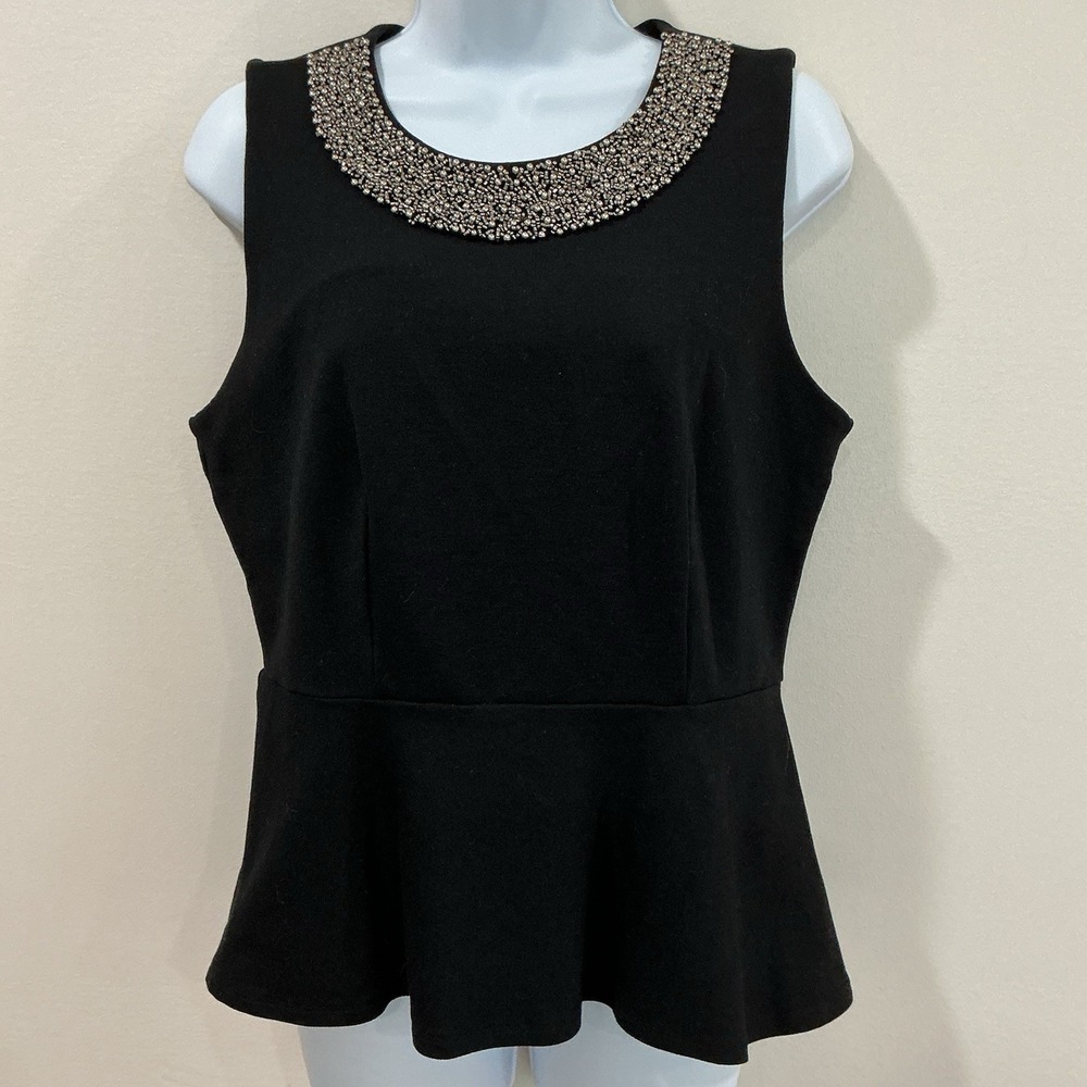 Saks Fifth Avenue Beaded Embellished Top Women's Large Black Peplum Event